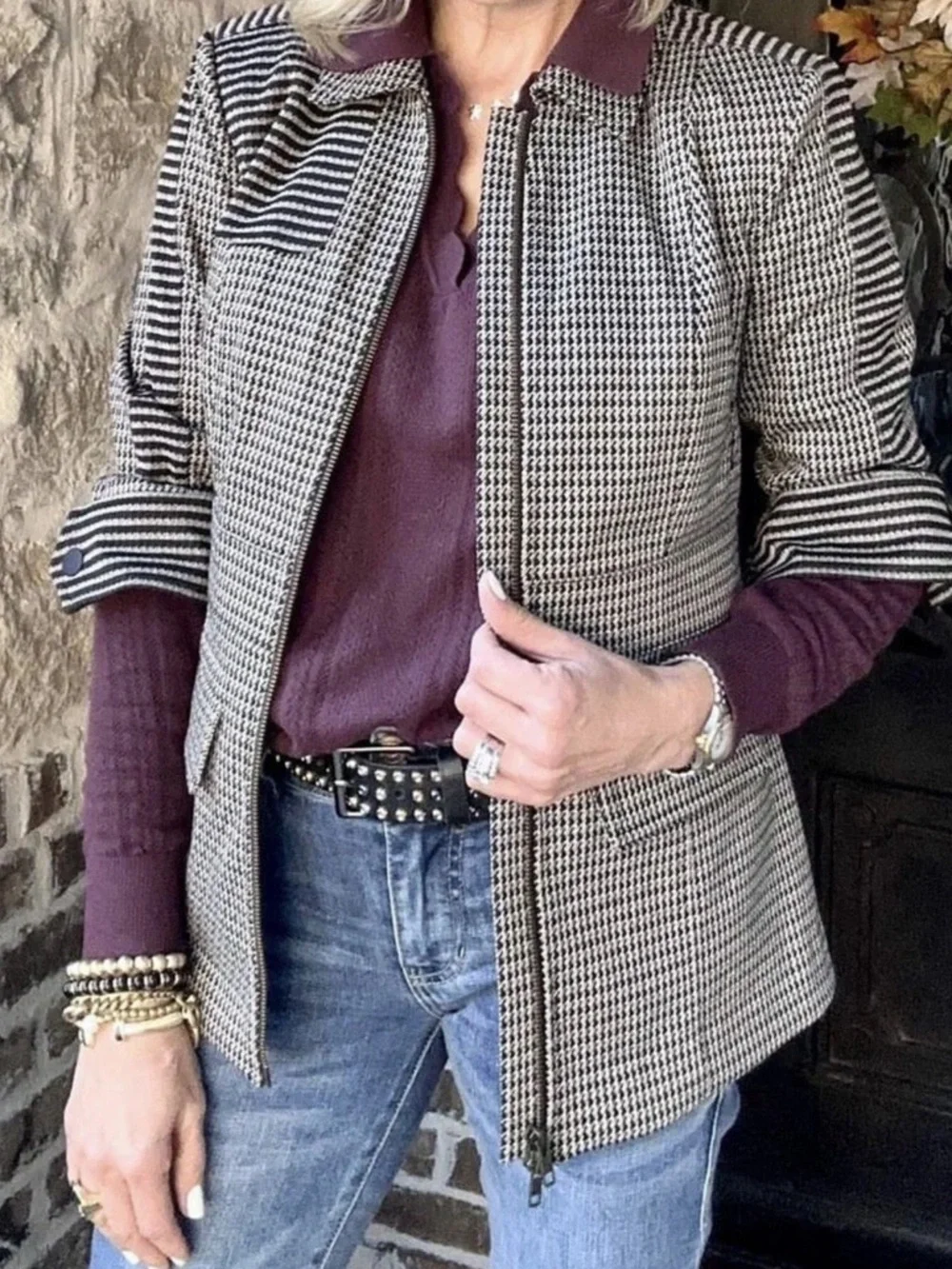 CAbi Baron Houndstooth Blazer Jacket Black and Brown Size Large